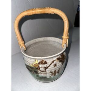 Hand Made Pottery Basket Bamboo Handle Great Hand Painted Barn Farmhouse